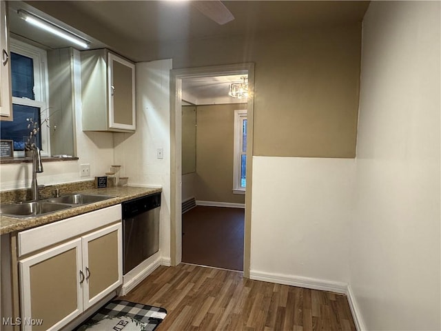 kitchen featuring white cabinetry, sink, stainless steel dishwasher, and dark hardwood / wood-style flooring