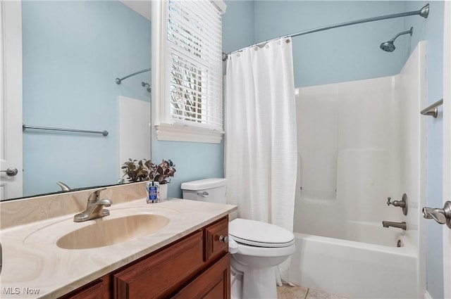 full bathroom with vanity, tile patterned flooring, toilet, and shower / bathtub combination with curtain