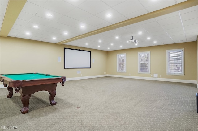 recreation room with carpet floors, a drop ceiling, and billiards