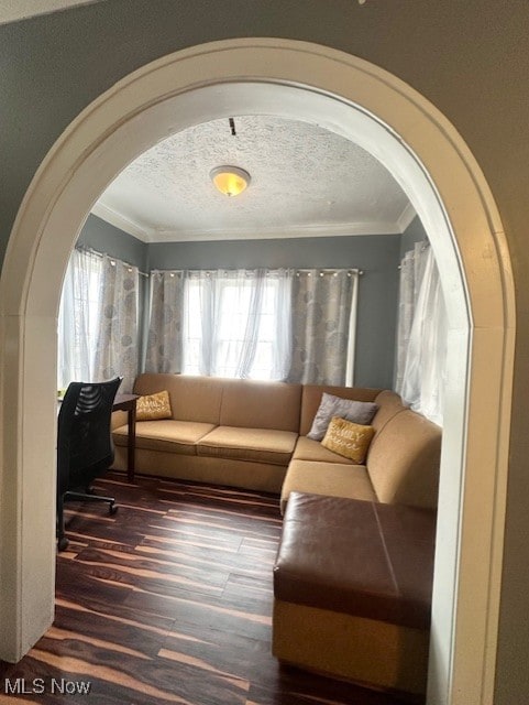 living room with ornamental molding, dark hardwood / wood-style floors, and a textured ceiling