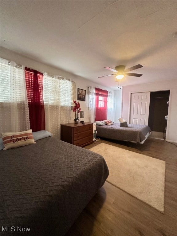 bedroom featuring wood-type flooring, a closet, and ceiling fan