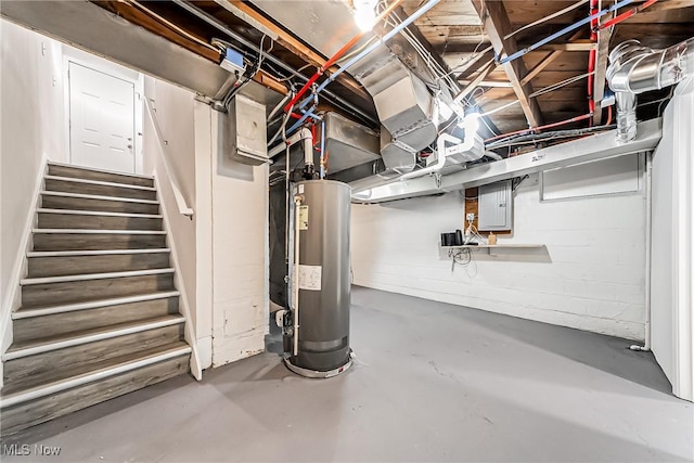 basement with electric panel and water heater