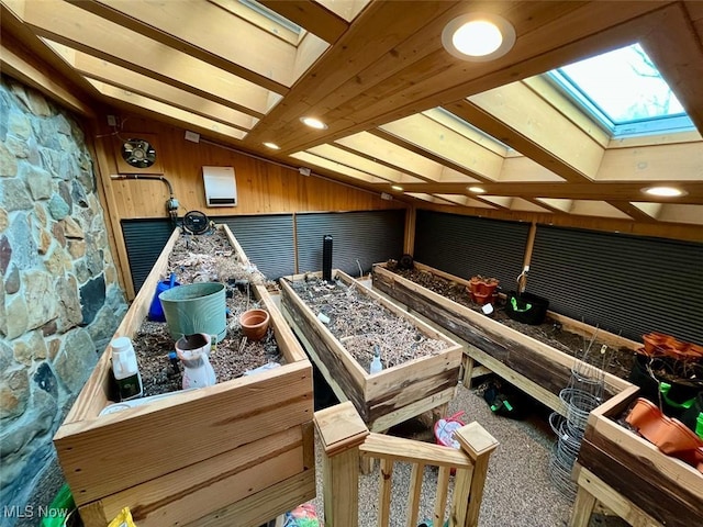 miscellaneous room with wooden walls and lofted ceiling with skylight