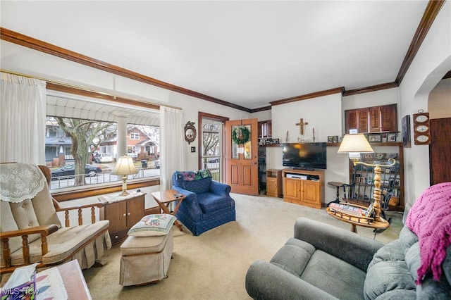 carpeted living room featuring crown molding