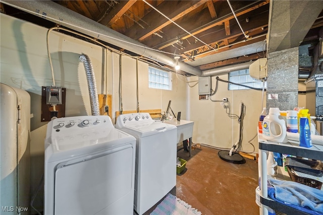 laundry room featuring sink, electric panel, and washer and dryer