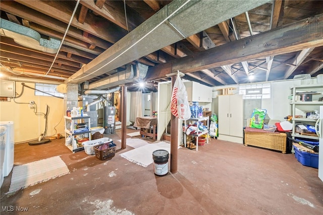 basement with water heater and electric panel