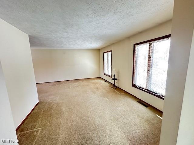 spare room with light carpet and a textured ceiling