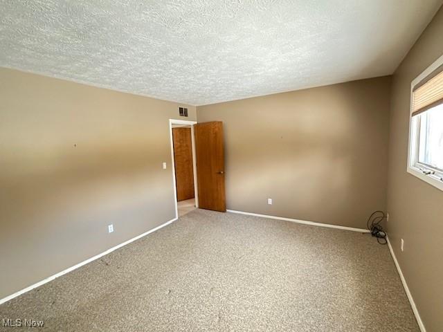 unfurnished room with carpet and a textured ceiling