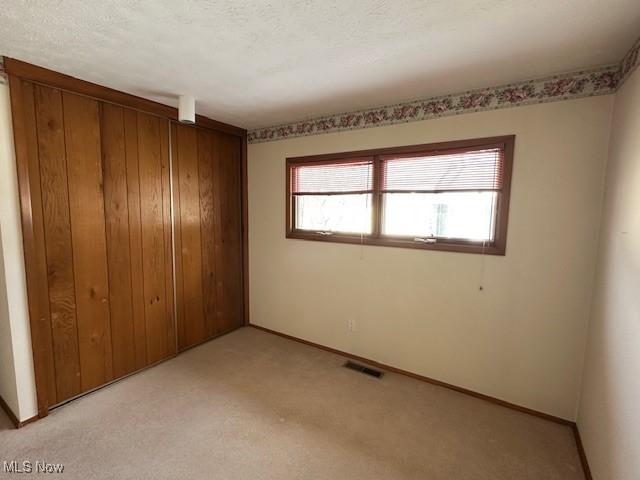 unfurnished bedroom featuring light carpet, a textured ceiling, and a closet