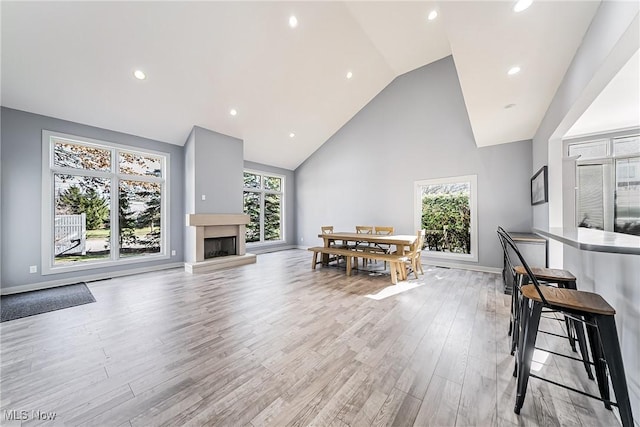 living room with high vaulted ceiling and light wood-type flooring