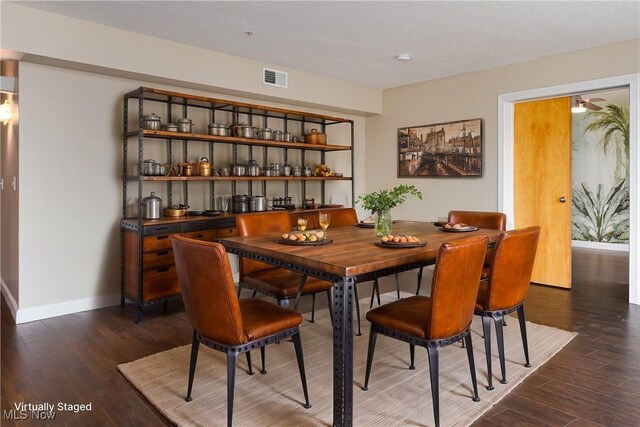 dining room with visible vents, dark wood-style floors, and baseboards
