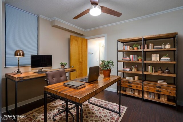 home office featuring ceiling fan, ornamental molding, and wood finished floors