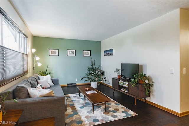 living room with dark hardwood / wood-style flooring