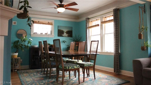 dining area featuring hardwood / wood-style flooring, ceiling fan, and ornamental molding