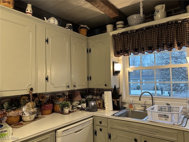 kitchen with white dishwasher, sink, wooden ceiling, and white cabinets