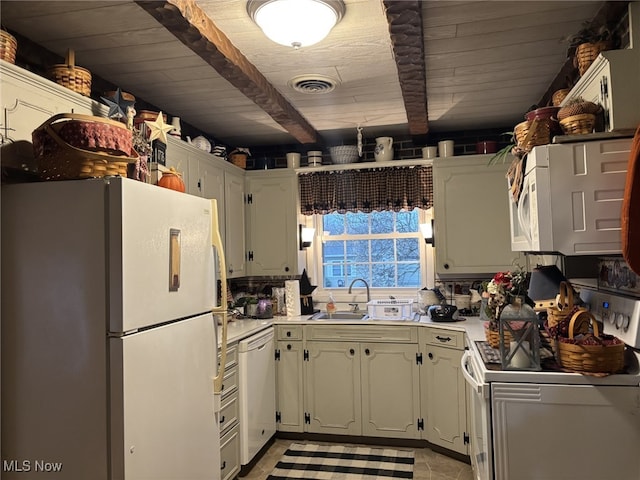 kitchen featuring sink, wood ceiling, beamed ceiling, white appliances, and white cabinets