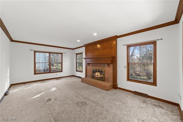 34210 Beacon Dr, Willoughby, OH 44094 - unfurnished living room featuring crown molding, a brick fireplace, and a wealth of natural light