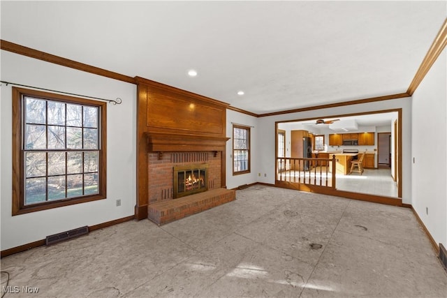 34210 Beacon Dr, Willoughby, OH 44094 - unfurnished living room featuring crown molding and a fireplace