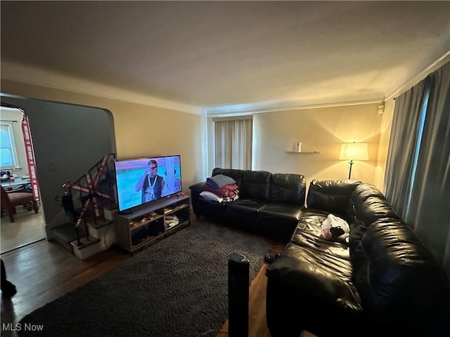 living room with wood-type flooring and ornamental molding