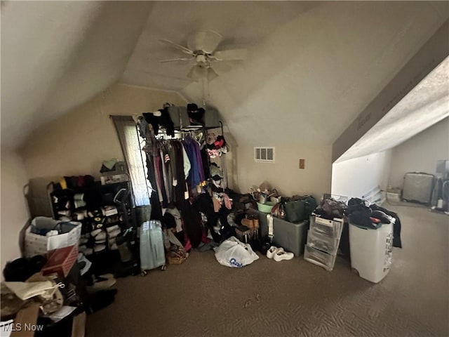 additional living space with lofted ceiling, ceiling fan, and carpet flooring