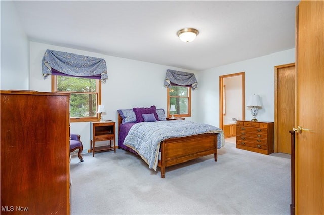 bedroom with light carpet