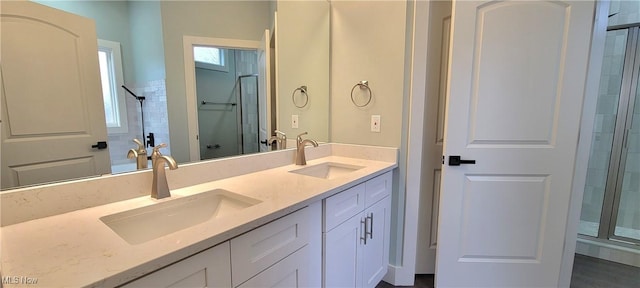 bathroom with vanity and a shower with shower door