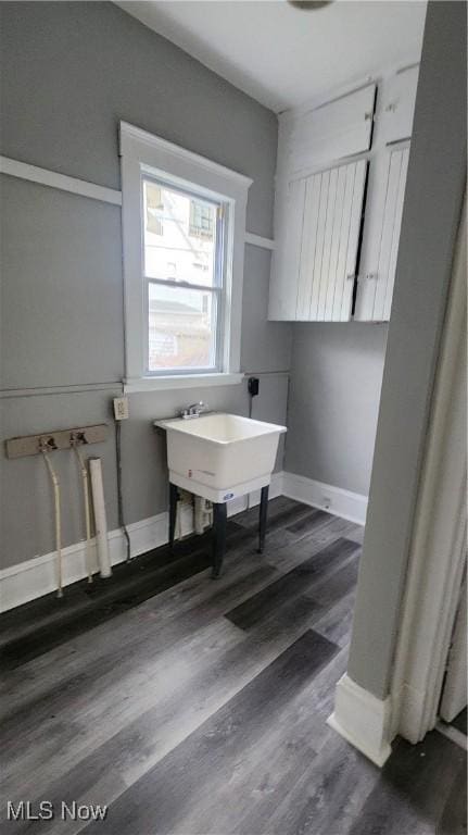 clothes washing area with sink and dark hardwood / wood-style flooring