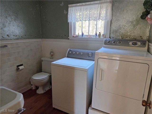 clothes washing area featuring tile walls, wood-type flooring, and washing machine and clothes dryer