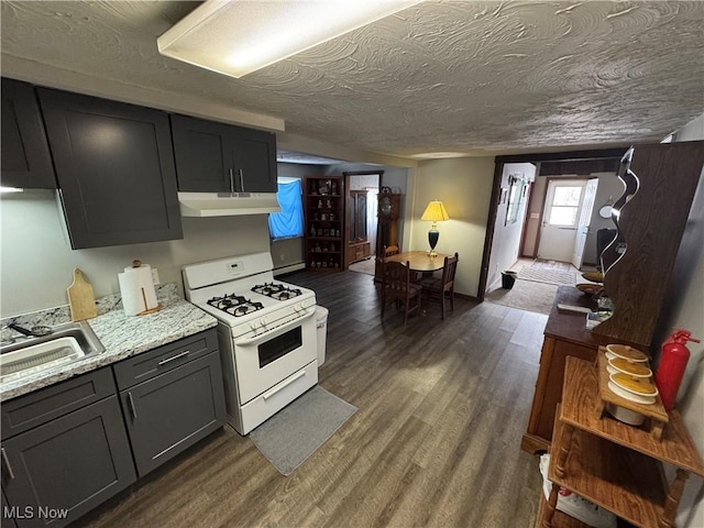 kitchen with dark hardwood / wood-style flooring, sink, light stone countertops, and gas range gas stove