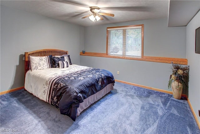 bedroom with ceiling fan and dark carpet