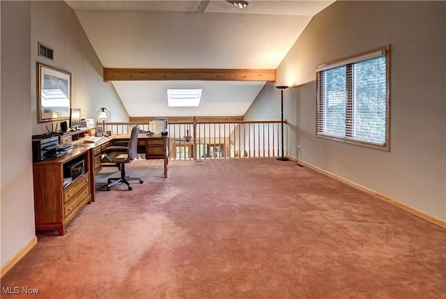 home office featuring carpet floors and vaulted ceiling