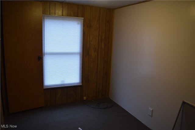 empty room featuring wood walls