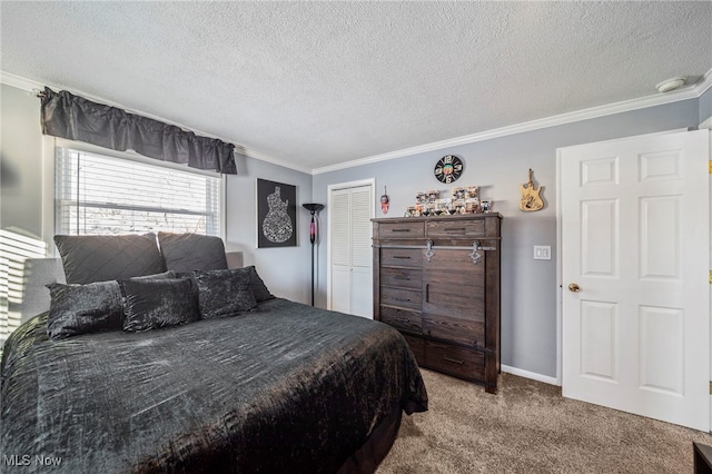 bedroom featuring crown molding, light colored carpet, and a textured ceiling