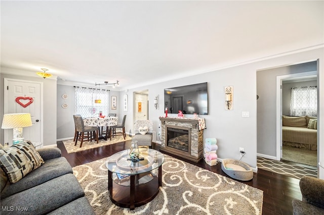 living room with dark hardwood / wood-style flooring