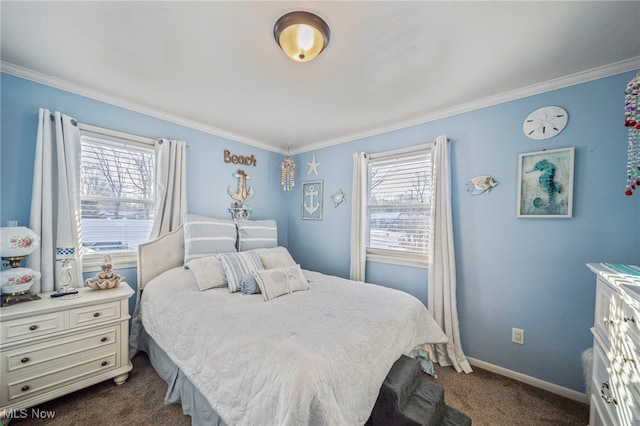 bedroom featuring multiple windows, dark colored carpet, and ornamental molding