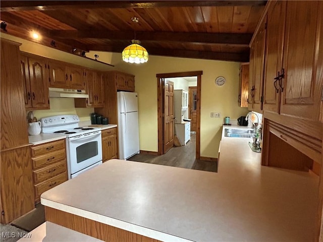 kitchen featuring decorative light fixtures, sink, white appliances, wooden ceiling, and beam ceiling