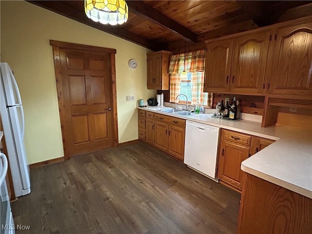 kitchen with sink, white appliances, lofted ceiling with beams, dark hardwood / wood-style flooring, and wooden ceiling