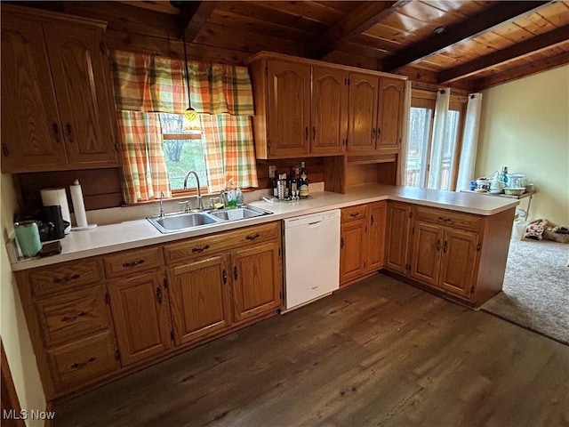 kitchen featuring kitchen peninsula, sink, wood ceiling, white dishwasher, and beam ceiling