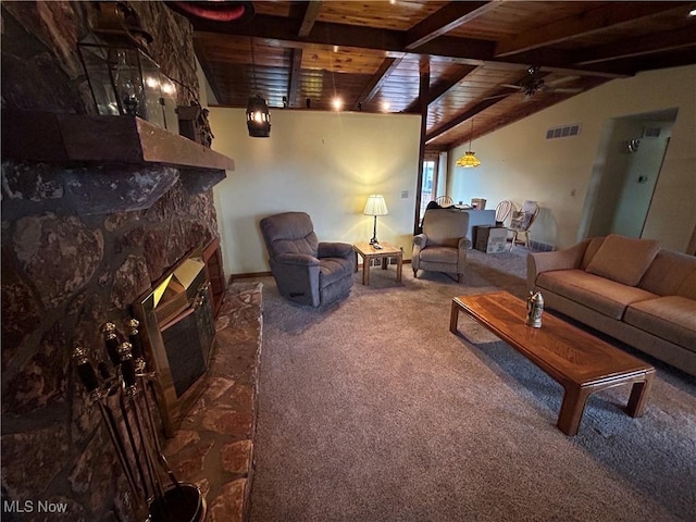 living room with carpet flooring, vaulted ceiling with beams, wooden ceiling, and ceiling fan