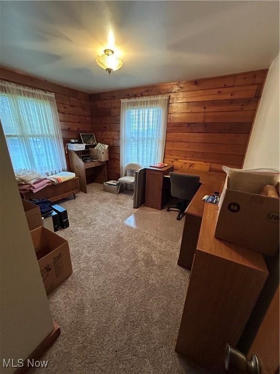 office area featuring wood walls