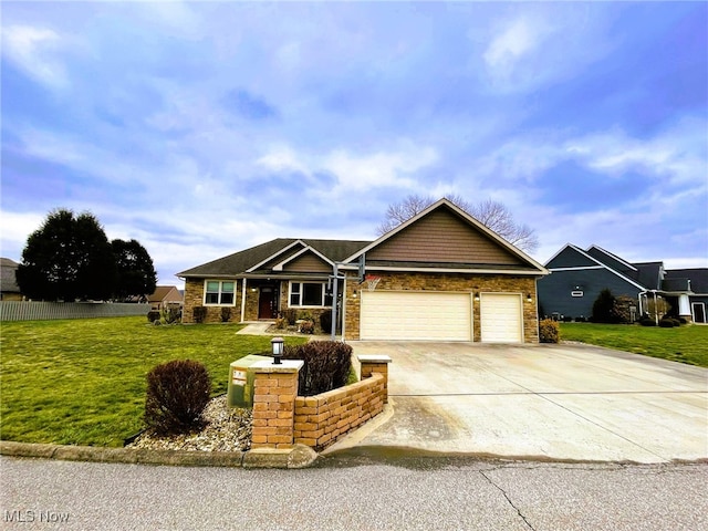 ranch-style home with a garage and a front lawn