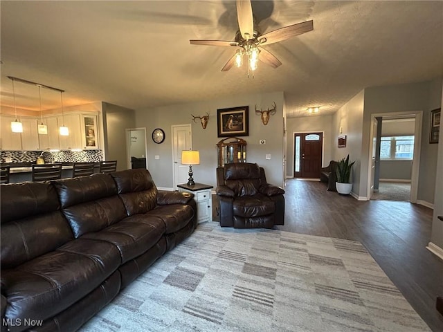 living room with hardwood / wood-style flooring and ceiling fan