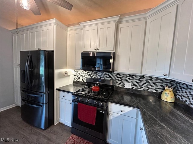 kitchen featuring decorative backsplash, dark wood-type flooring, white cabinets, and black appliances