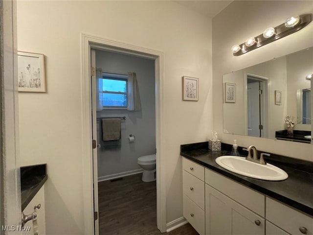 bathroom with vanity, wood-type flooring, and toilet