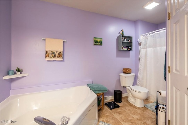 bathroom with tile patterned floors, toilet, and a bath