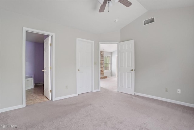 9278 Woodworth Rd Unit 1801, North Lima, OH 44452 - unfurnished bedroom with carpet flooring, lofted ceiling, ensuite bathroom, baseboards, and ceiling fan