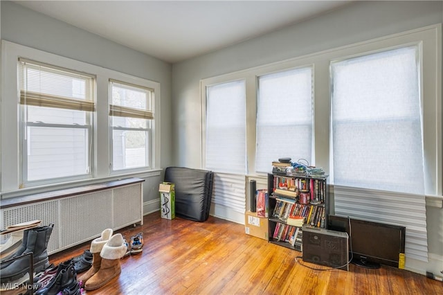 miscellaneous room with radiator heating unit and light hardwood / wood-style floors