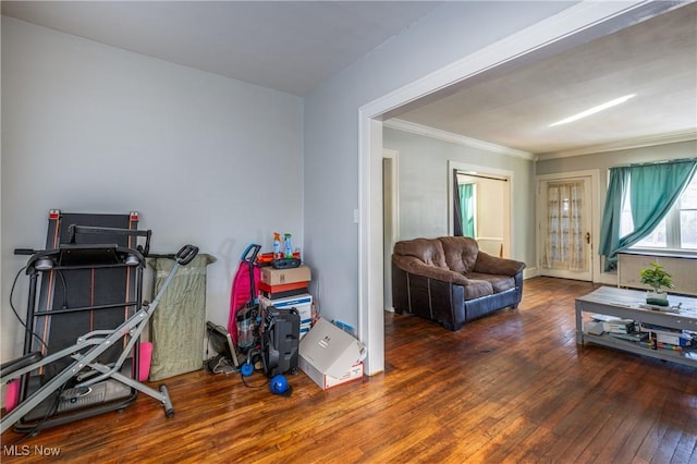 interior space with hardwood / wood-style flooring and ornamental molding