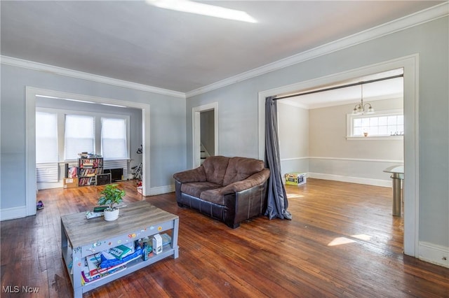 living room with crown molding, a chandelier, and dark hardwood / wood-style flooring