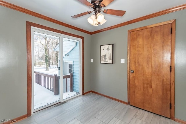 doorway to outside with crown molding and ceiling fan